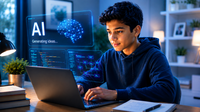 A young student building and wiring his own robotics project beside a screen of real code