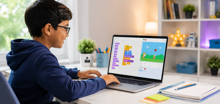 A young student building his first Scratch projects in a live 1:1 online class