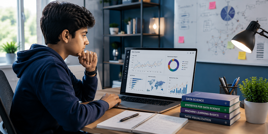 A student analyzing real data dashboards in the Data Science track
