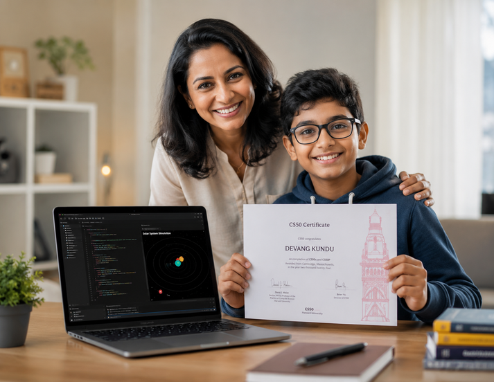 A Techmentry student proudly holding his Harvard CS50 certificate