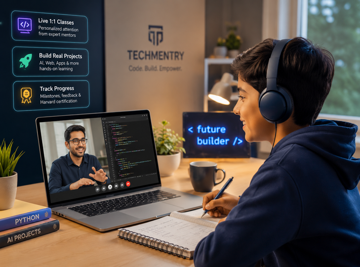 A parent and child attending a live 1:1 online class together at home