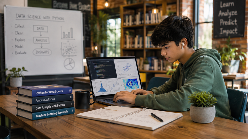 A student learning data science with Python in a 1:1 mentored online session