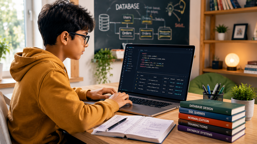 A student designing databases on his laptop with one-to-one guidance