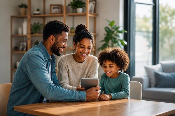 Parents sitting with their child, reviewing learning progress together on a tablet at home