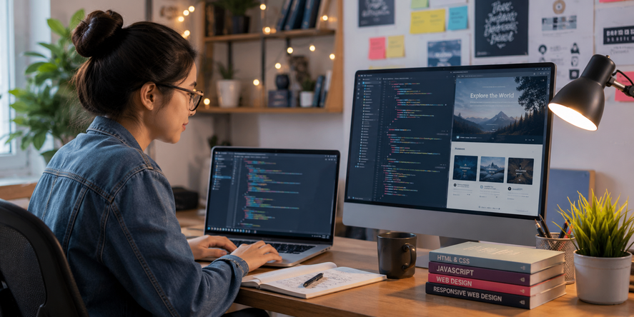 A student building and publishing websites during a personalized online class