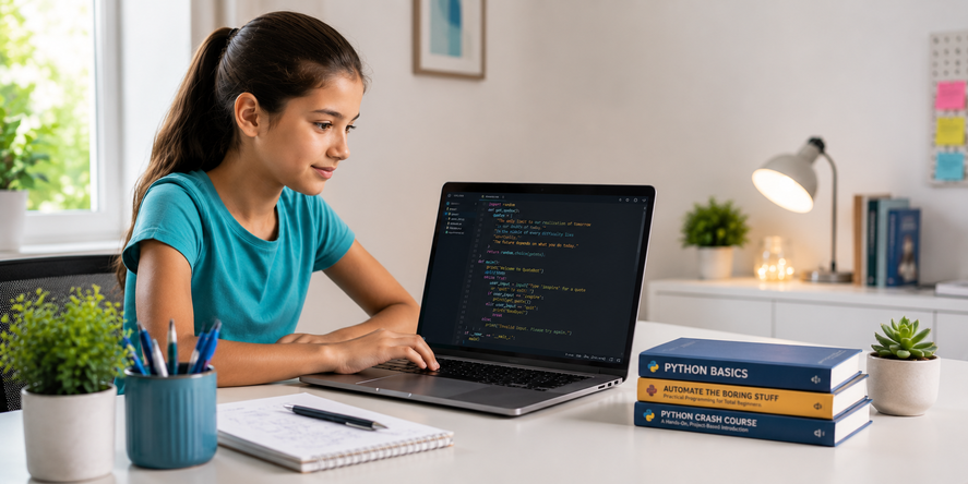 A student writing real Python programs with her dedicated online mentor