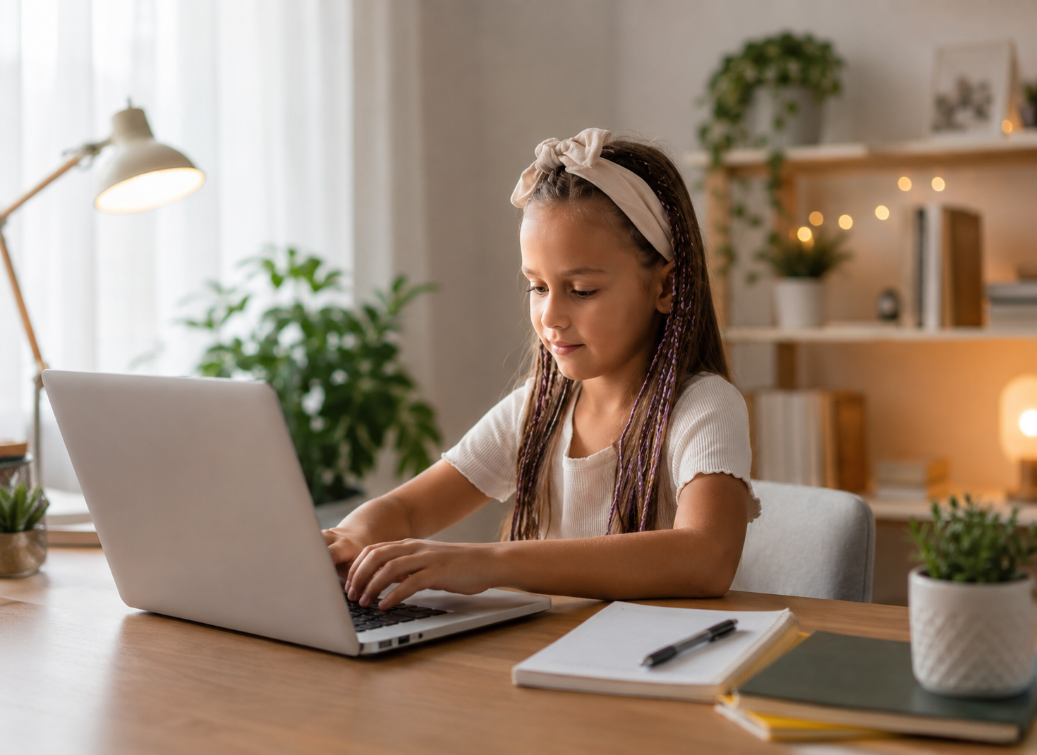 A young student programming her own robot during a 1:1 online class at home
