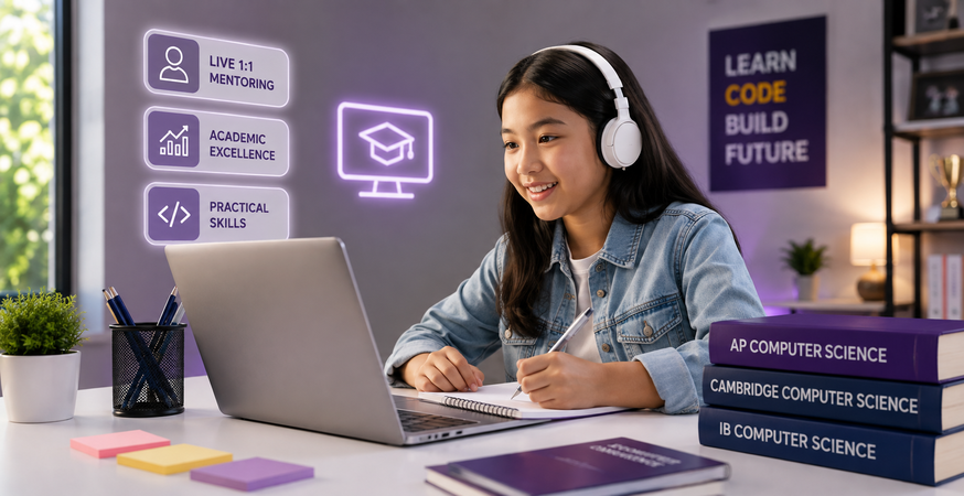 A Techmentry student smiling with headphones during her live 1:1 online computer science class